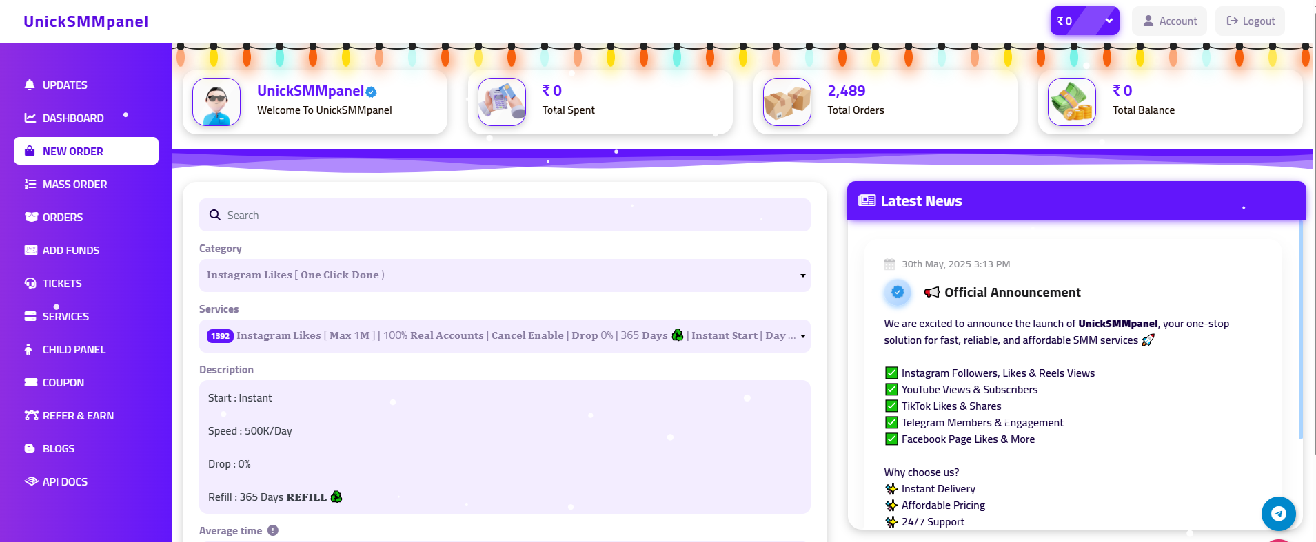 User-friendly SMM order panel interface for Instagram, YouTube, TikTok services