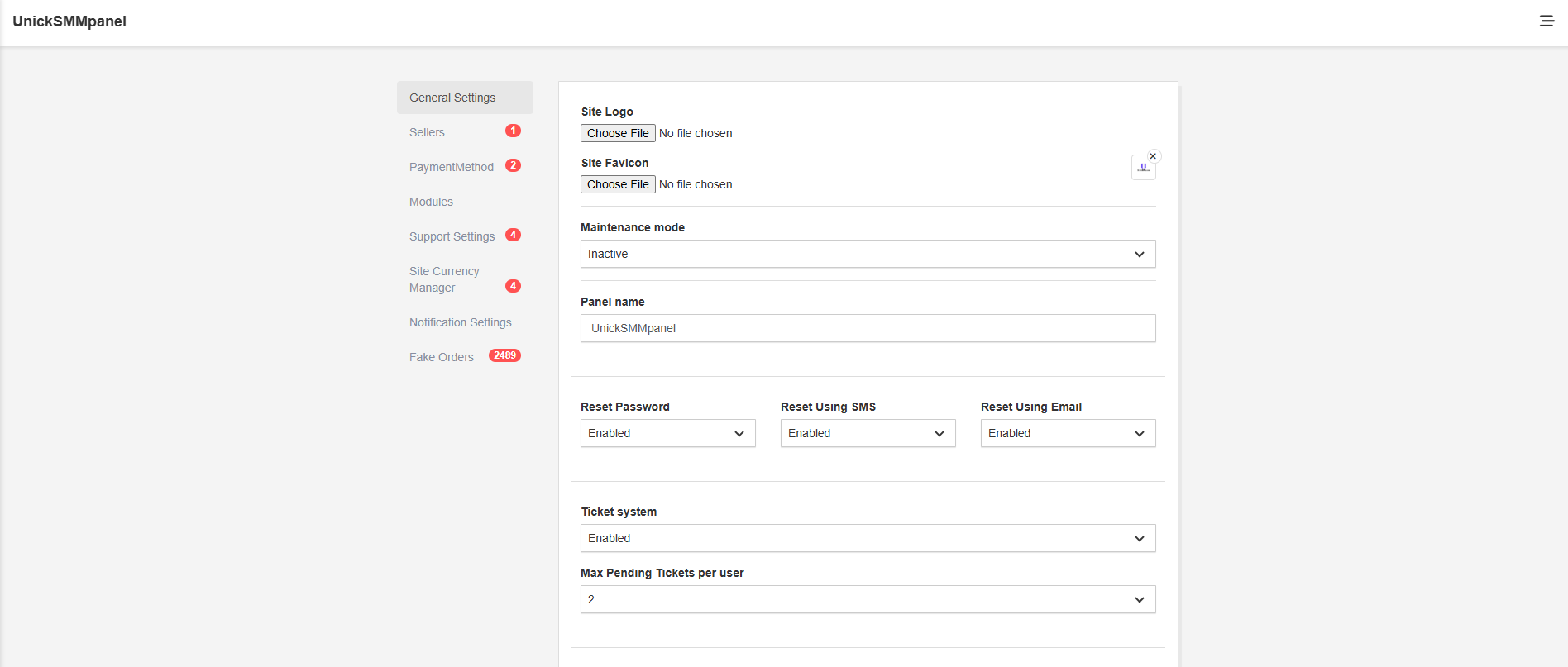 Advanced admin settings panel for SMM business management and configuration